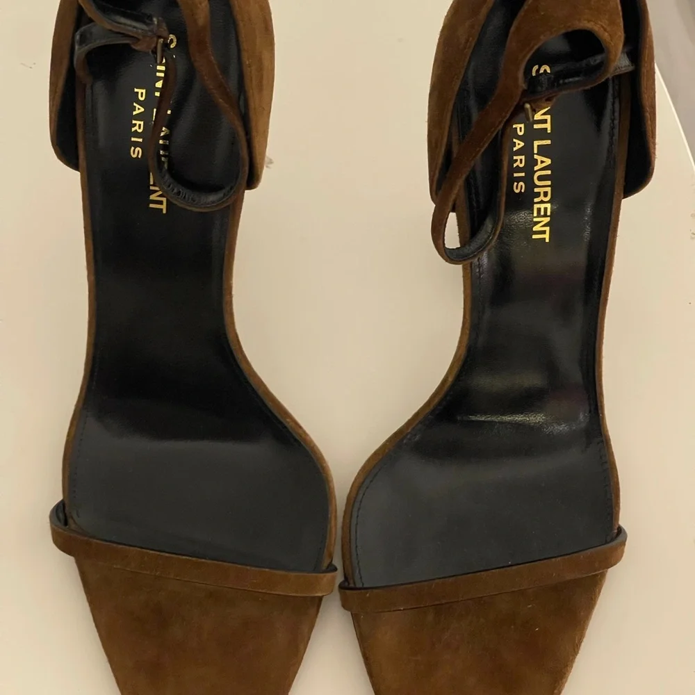 Saint Laurent Opyum Suede Logo Heel Sandals Brown 41.5 YSL Monogram Bronze - Picture 6 of 7